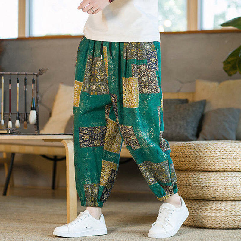 Buddha Stones Summer Square Patchwork Cotton Linen Men's Ankle-Length Harem Pants With Pockets - image 20