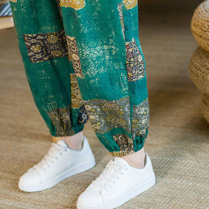 Buddha Stones Summer Square Patchwork Cotton Linen Men's Ankle-Length Harem Pants With Pockets - image 28