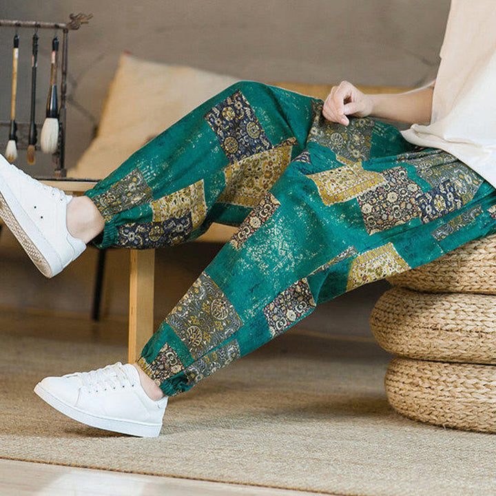 Buddha Stones Summer Square Patchwork Cotton Linen Men's Ankle-Length Harem Pants With Pockets - image 29