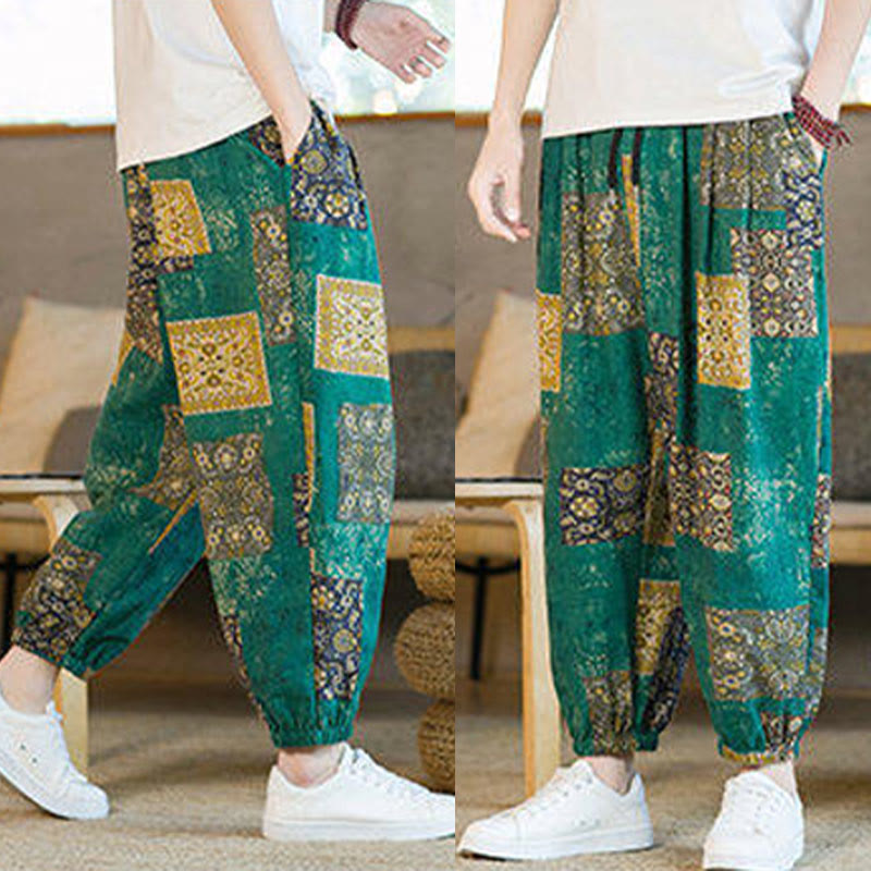 Buddha Stones Summer Square Patchwork Men's Ankle-Length Harem Pants With Pockets - image 30