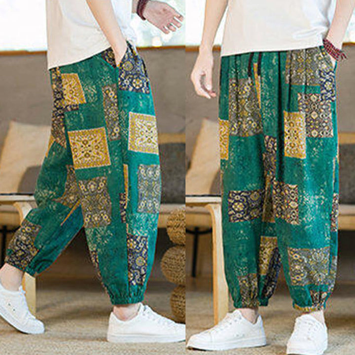 Buddha Stones Summer Square Patchwork Men's Ankle-Length Harem Pants With Pockets - image 30