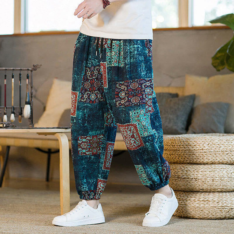 Buddha Stones Summer Square Patchwork Cotton Linen Men's Ankle-Length Harem Pants With Pockets - image 33