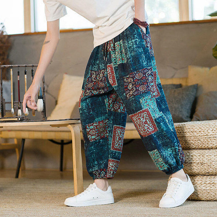 Buddha Stones Summer Square Patchwork Men's Ankle-Length Harem Pants With Pockets - image 36