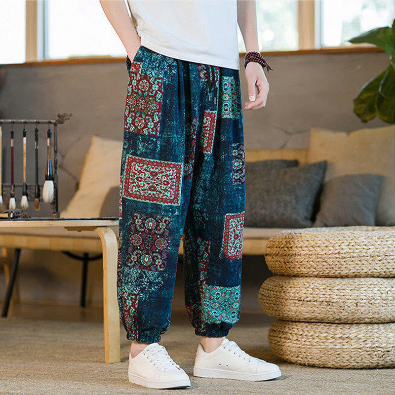 Buddha Stones Summer Square Patchwork Cotton Linen Men's Ankle-Length Harem Pants With Pockets - image 37