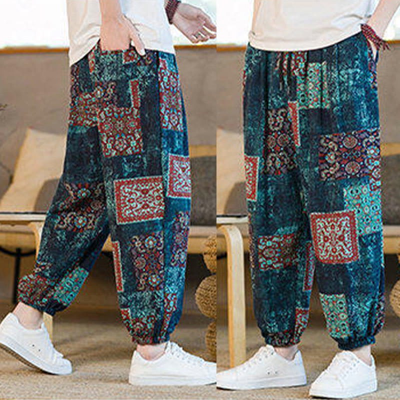 Buddha Stones Summer Square Patchwork Men's Ankle-Length Harem Pants With Pockets - image 38
