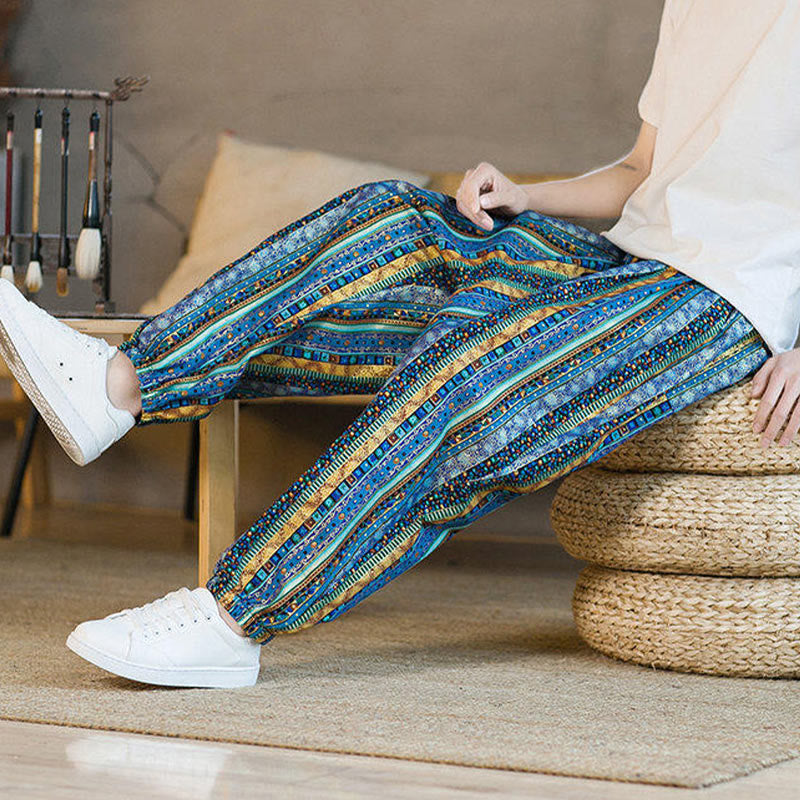 Buddha Stones Colorful Stripes Cotton Linen Men's Ankle-Length Harem Pants With Pockets - image 8