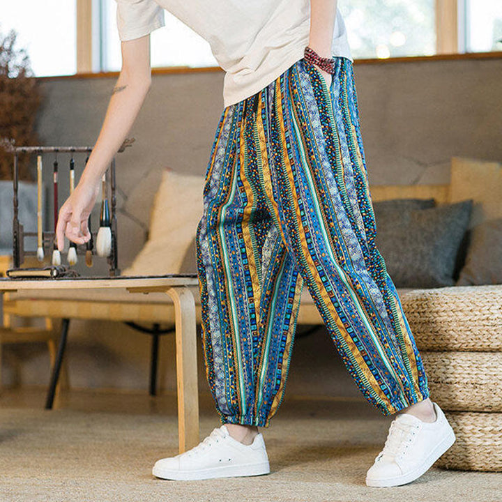 Buddha Stones Colorful Stripes Cotton Linen Men's Ankle-Length Harem Pants With Pockets - image 6