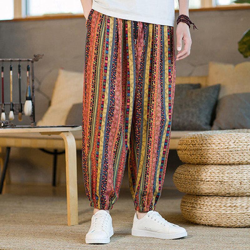 Buddha Stones Colorful Stripes Cotton Linen Men's Ankle-Length Harem Pants With Pockets - image 18