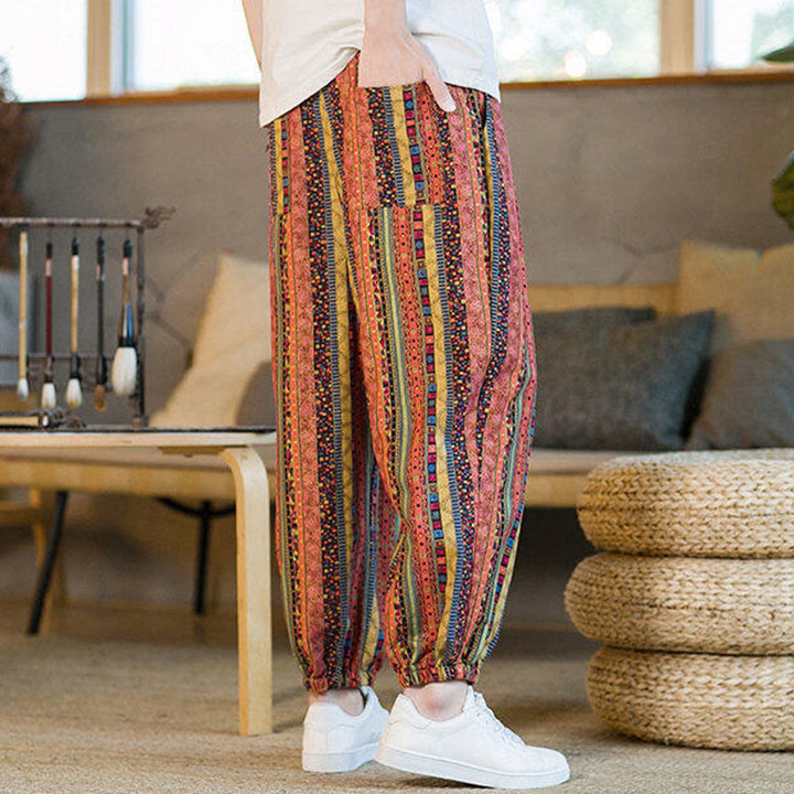 Buddha Stones Colorful Stripes Cotton Linen Men's Ankle-Length Harem Pants With Pockets - image 13