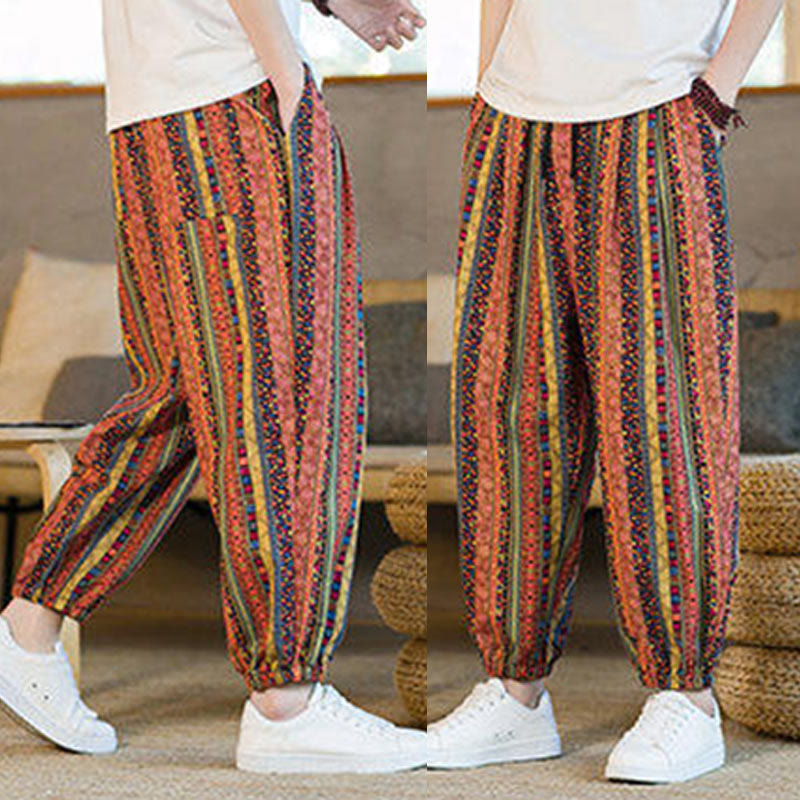 Buddha Stones Colorful Stripes Cotton Linen Men's Ankle-Length Harem Pants With Pockets - image 17