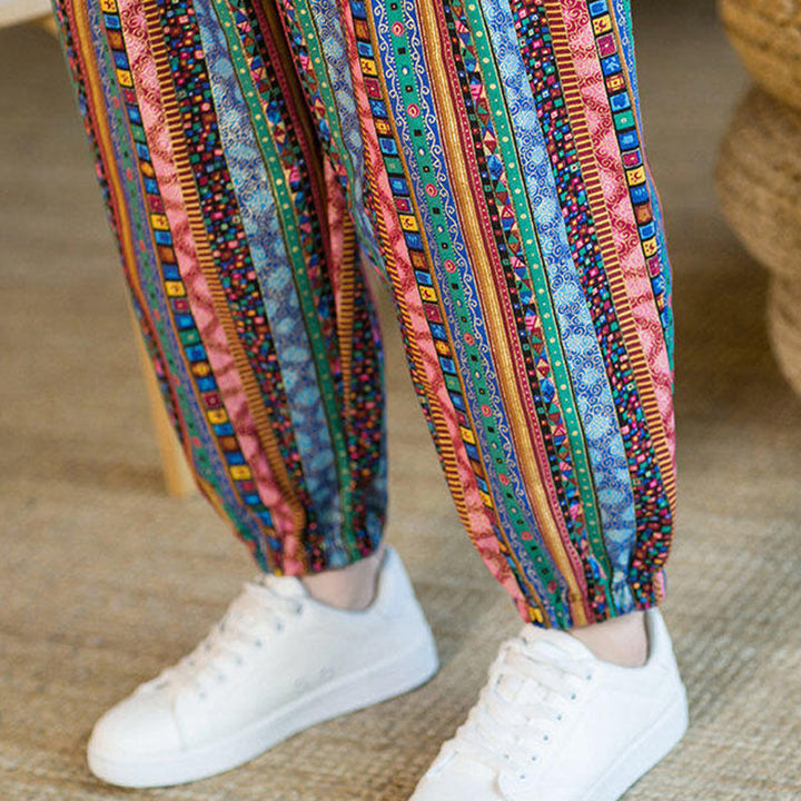 Buddha Stones Colorful Stripes Cotton Linen Men's Ankle-Length Harem Pants With Pockets - image 29
