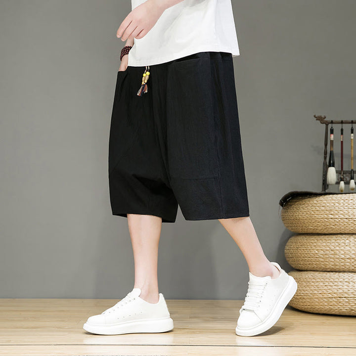 Buddha Stones Casual Drawstring Cotton Linen Men's Capri Harem Pants With Pockets - Black - US/UK/AU46，EU56 (5XL) - image 12
