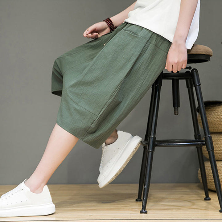 Buddha Stones Casual Drawstring Cotton Linen Men's Capri Harem Pants With Pockets - image 27