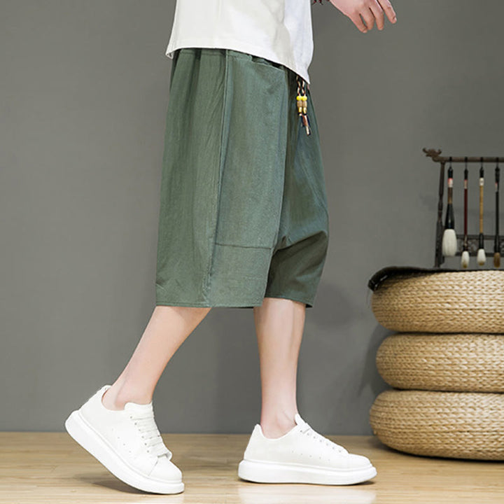 Buddha Stones Casual Drawstring Cotton Linen Men's Capri Harem Pants With Pockets - image 23