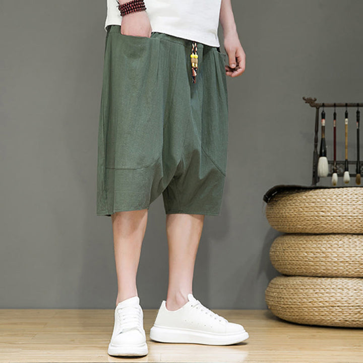Buddha Stones Casual Drawstring Cotton Linen Men's Capri Harem Pants With Pockets - image 22