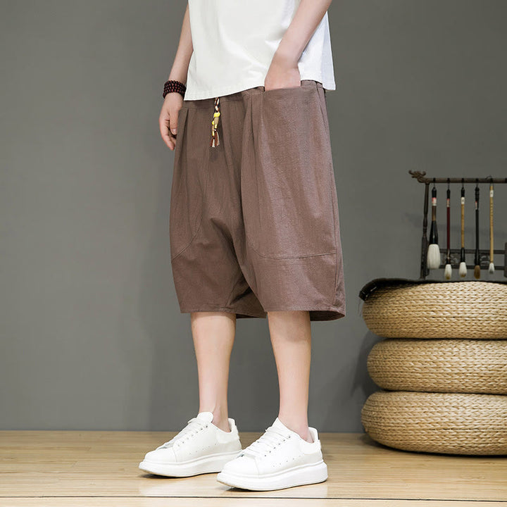 Buddha Stones Casual Drawstring Cotton Linen Men's Capri Harem Pants With Pockets - image 31