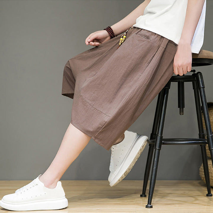 Buddha Stones Casual Drawstring Cotton Linen Men's Capri Harem Pants With Pockets - image 35