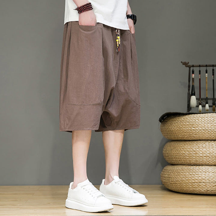 Buddha Stones Casual Drawstring Cotton Linen Men's Capri Harem Pants With Pockets - image 30