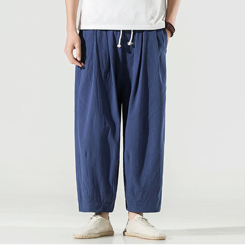 Buddha Stones Plain Color Cotton Linen Men's Ankle-Length Harem Pants With Pockets - image 1