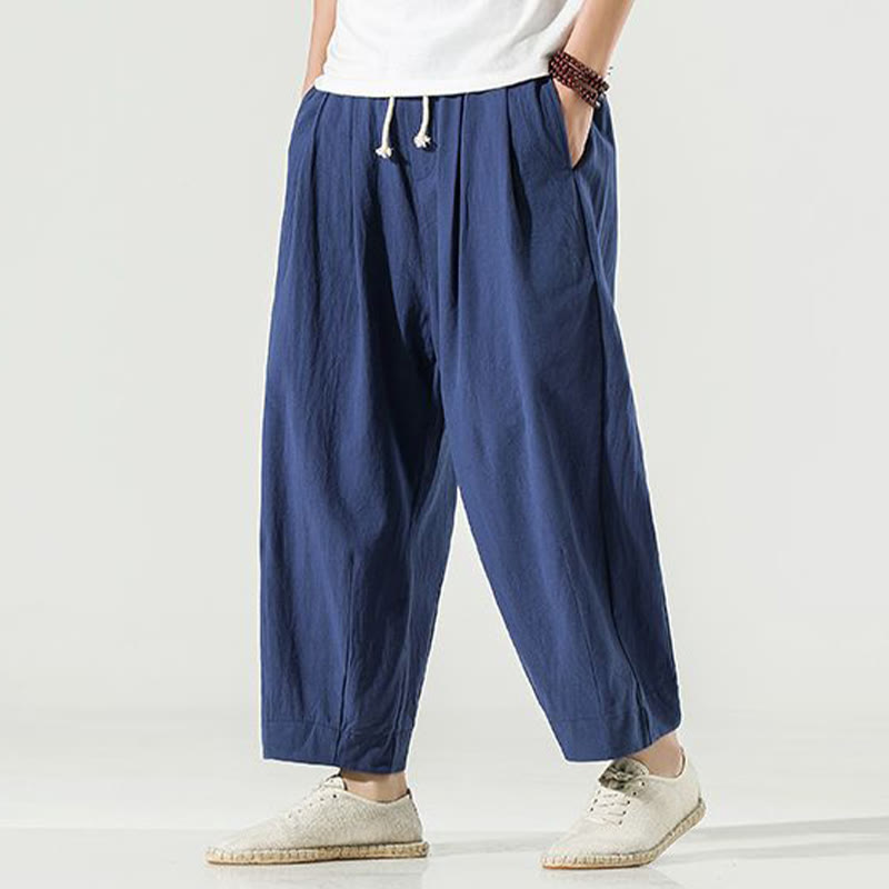 Buddha Stones Plain Color Cotton Linen Men's Ankle-Length Harem Pants With Pockets - SteelBlue - US/UK/AU46，EU56 (5XL) - image 0