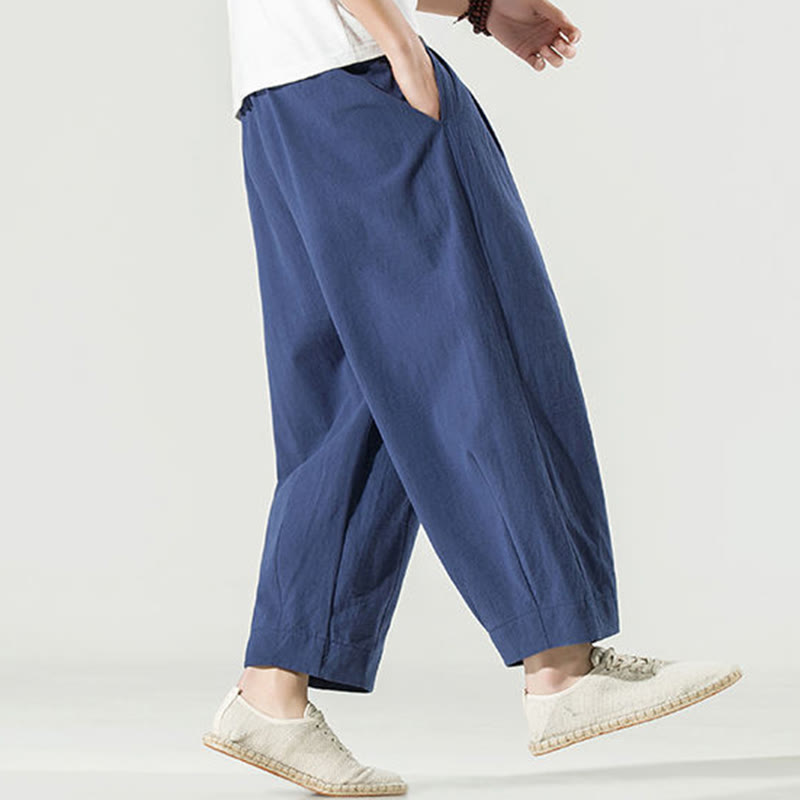 Buddha Stones Plain Color Cotton Linen Men's Ankle-Length Harem Pants With Pockets - image 4