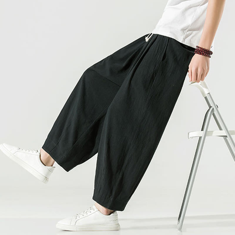 Buddha Stones Plain Color Cotton Linen Men's Ankle-Length Harem Pants With Pockets - image 27