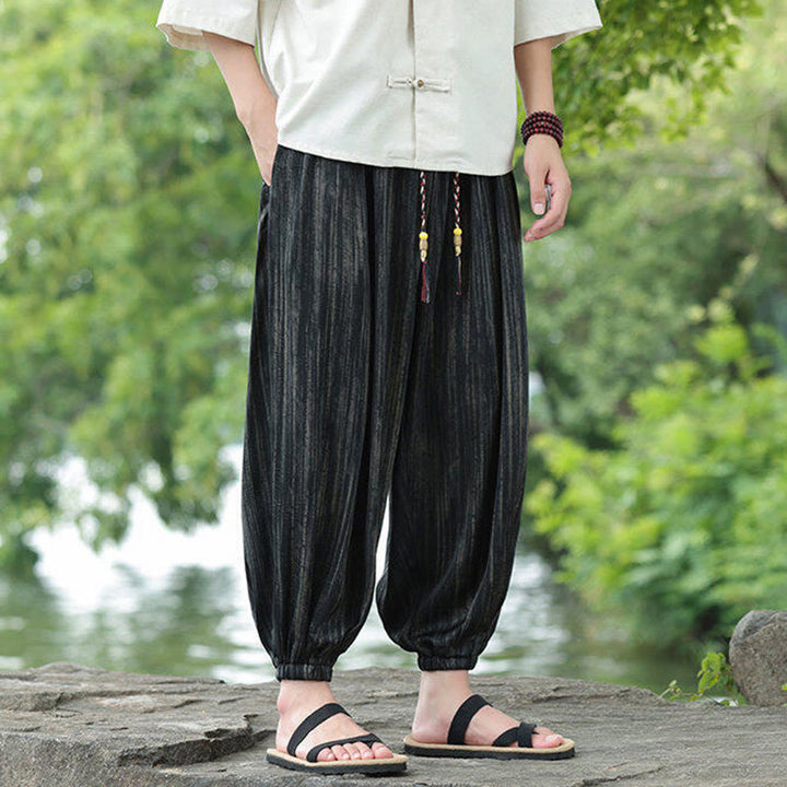 Buddha Stones Summer Black Stripes Drawstring Men's Harem Pants With Pockets - image 5