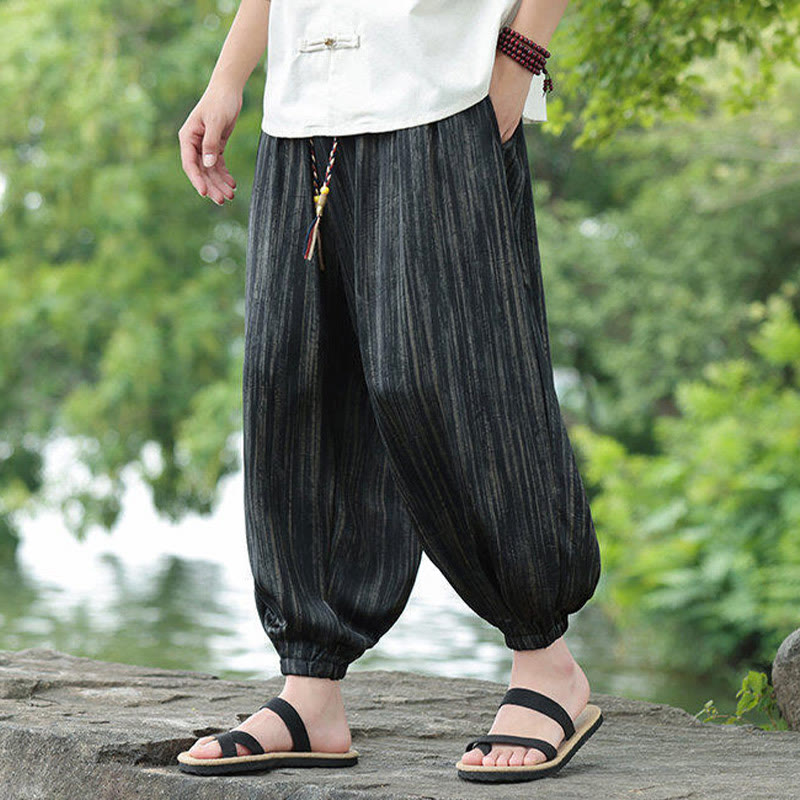 Buddha Stones Summer Black Stripes Drawstring Men's Harem Pants With Pockets - image 8