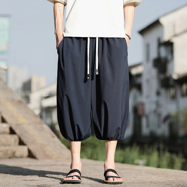 Buddha Stones Solid Drawstring Men's Capri Cropped Harem Pants With Pockets - SteelBlue - US/UK/AU46，EU56 (5XL) - image 1