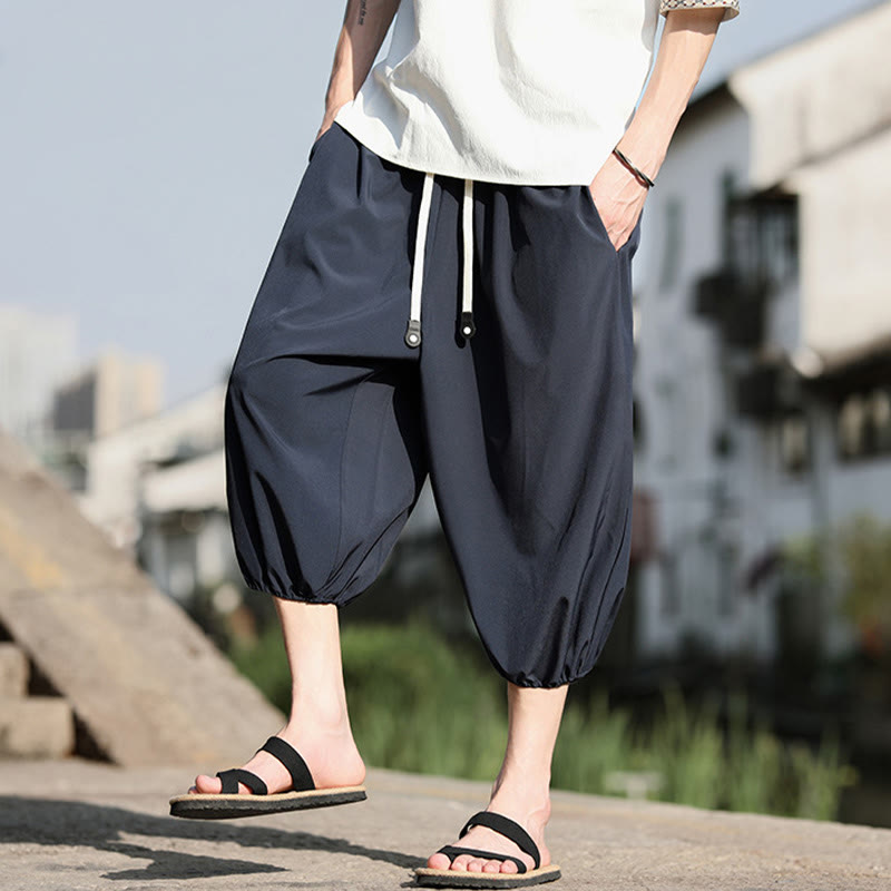 Buddha Stones Solid Drawstring Men's Capri Cropped Harem Pants With Pockets - image 7