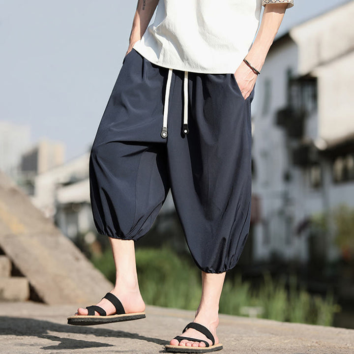 Buddha Stones Solid Drawstring Men's Capri Cropped Harem Pants With Pockets - image 7