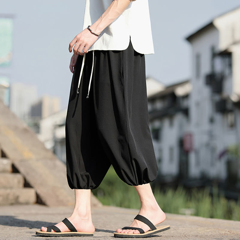 Buddha Stones Solid Drawstring Men's Capri Cropped Harem Pants With Pockets - image 18