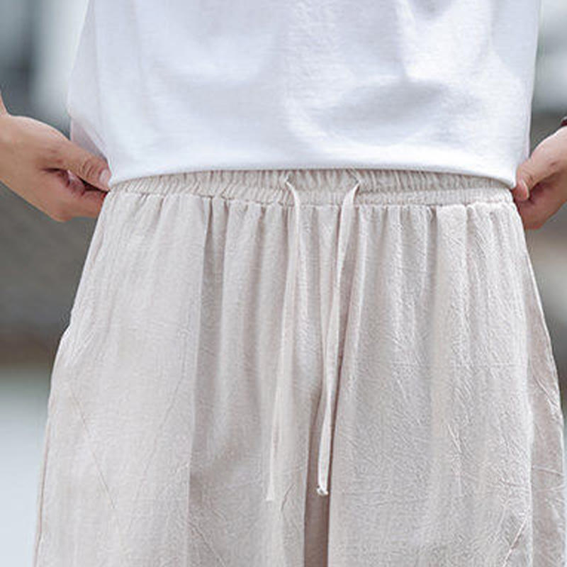 Buddha Stones Solid Drawstring Men's Elastic Waistband Cotton Linen Pants With Pockets - image 8