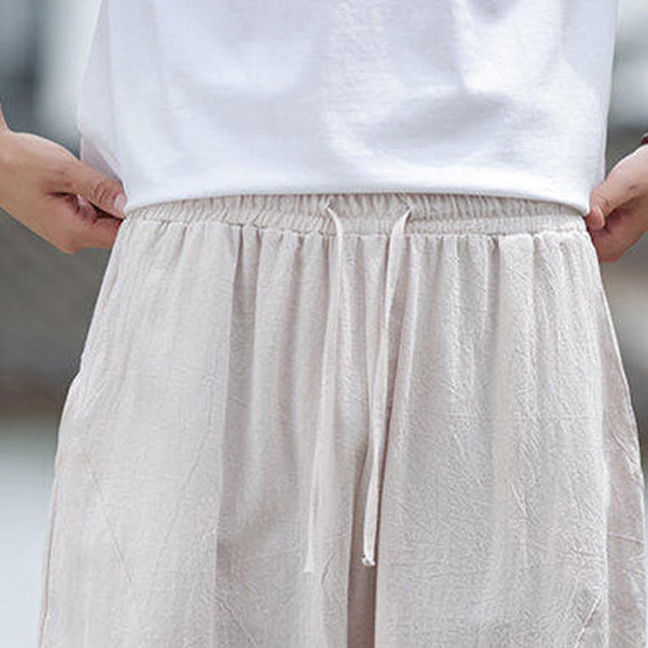 Buddha Stones Solid Drawstring Men's Elastic Waistband Cotton Linen Pants With Pockets - image 8