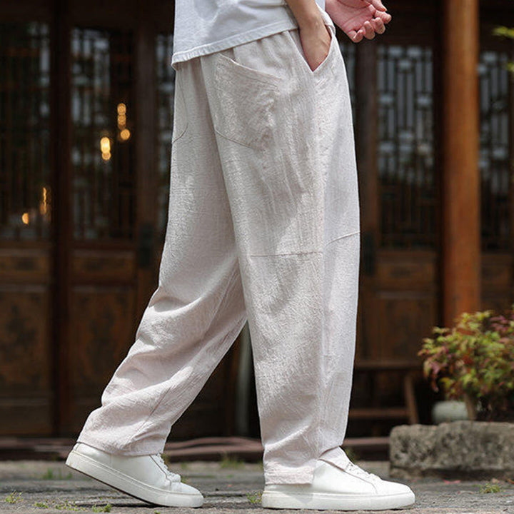Buddha Stones Solid Drawstring Men's Elastic Waistband Cotton Linen Pants With Pockets - image 2