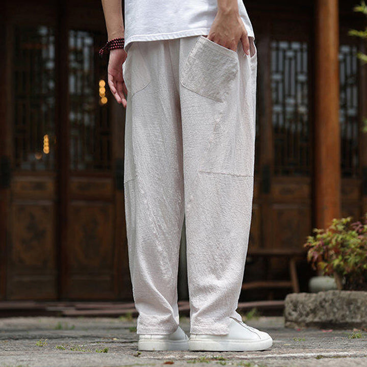 Buddha Stones Solid Drawstring Men's Elastic Waistband Cotton Linen Pants With Pockets - image 4