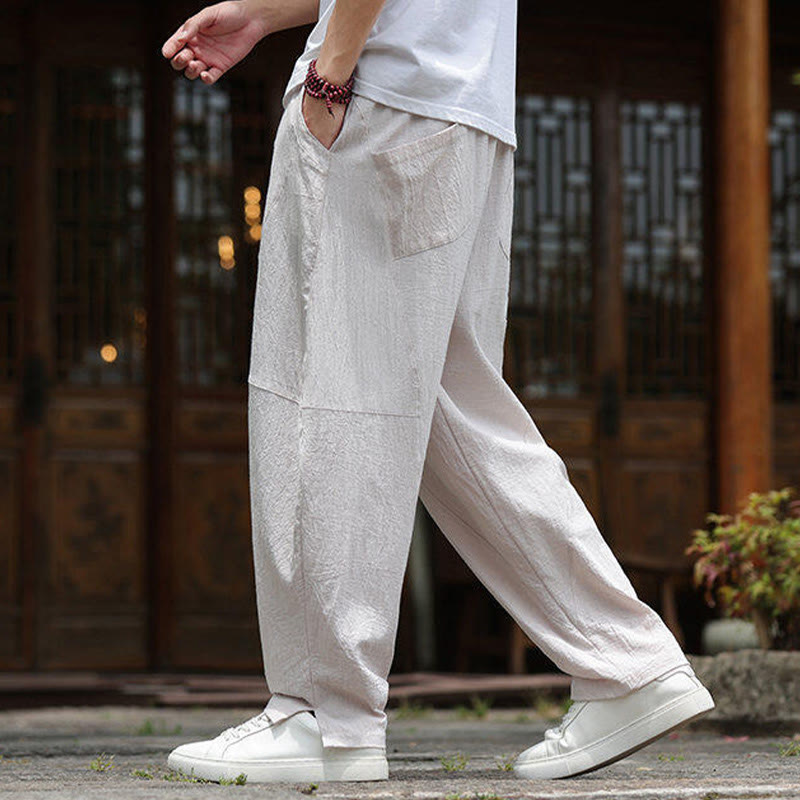 Buddha Stones Solid Drawstring Men's Elastic Waistband Cotton Linen Pants With Pockets - image 5