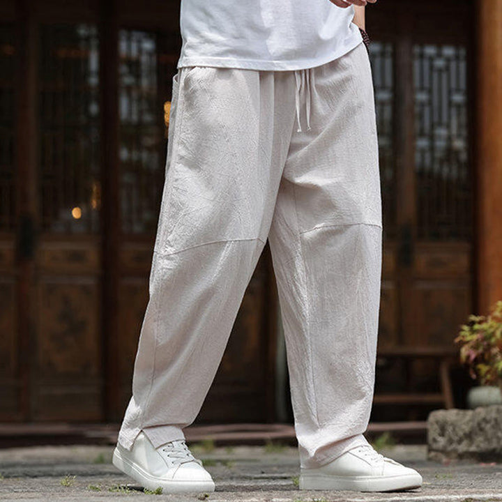 Buddha Stones Solid Drawstring Men's Elastic Waistband Cotton Linen Pants With Pockets - image 3