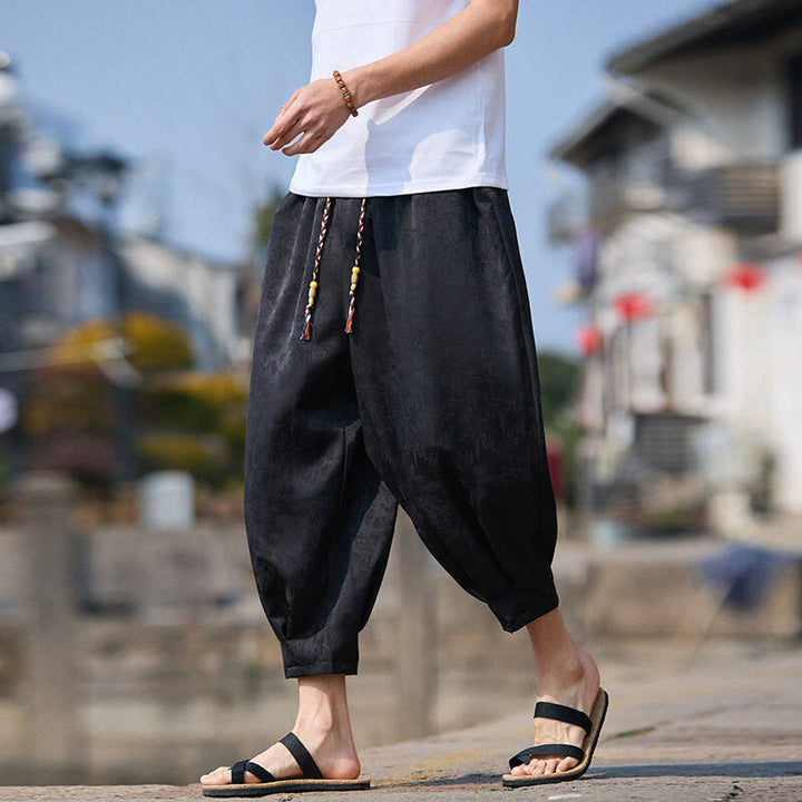 Buddha Stones Summer Character Embroidery Design Drawstring Men's 7-8 Length Pants With Pockets - Black - US/UK/AU46，EU56 (5XL) - image 0