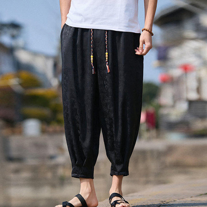 Buddha Stones Summer Character Embroidery Design Drawstring Men's 7-8 Length Pants With Pockets - image 1