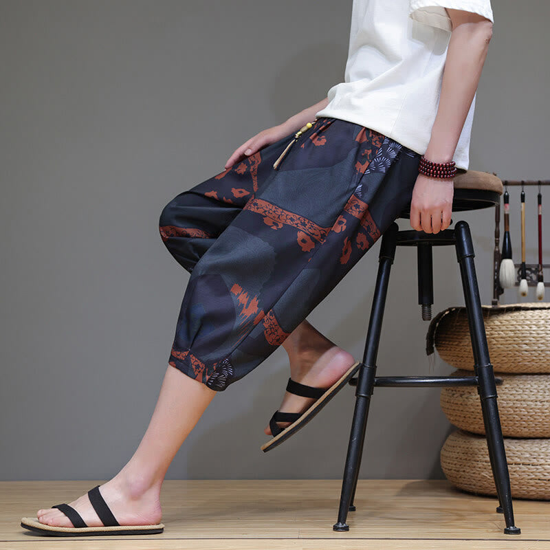 Buddha Stones Summer Bamboo Leaves Flowers Cotton Linen Men's Capri Pants With Pockets - image 20