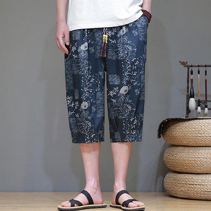 Buddha Stones Summer Bamboo Leaves Flowers Cotton Linen Men's Capri Pants With Pockets - image 5