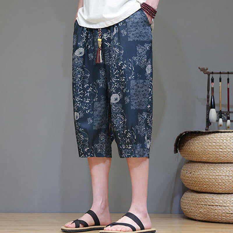 Buddha Stones Summer Bamboo Leaves Flowers Cotton Linen Men's Capri Pants With Pockets - image 2