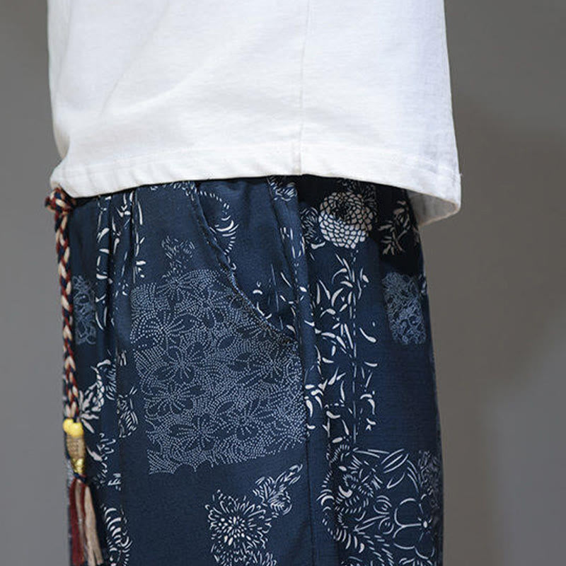 Buddha Stones Summer Bamboo Leaves Flowers Cotton Linen Men's Capri Pants With Pockets - image 10