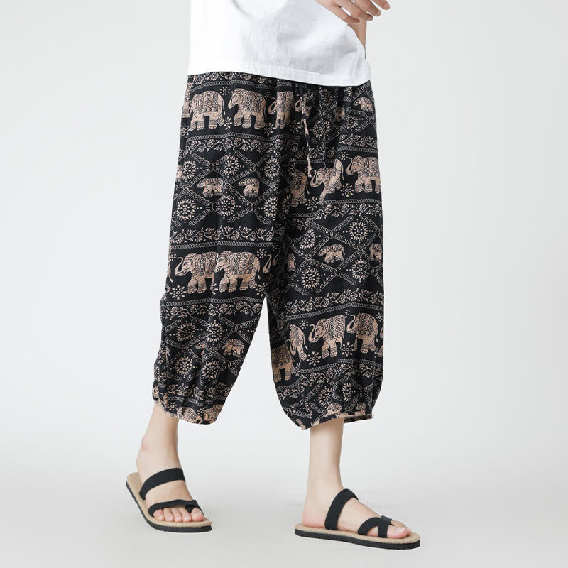 Buddha Stones Summer Square Patchwork Elephant Mandala Geometry Cotton Linen Men's 7-8 Length Pants With Pockets - image 27