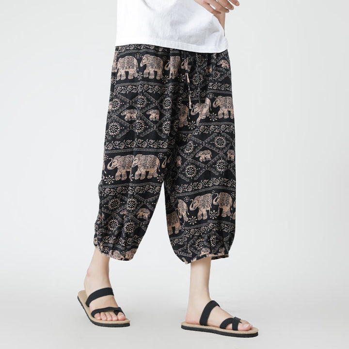 Buddha Stones Summer Square Patchwork Elephant Mandala Geometry Cotton Linen Men's 7-8 Length Pants With Pockets - image 27