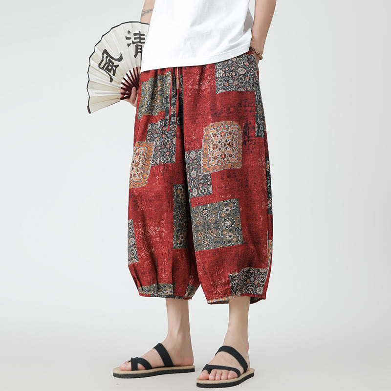 Buddha Stones Summer Square Patchwork Elephant Mandala Geometry Cotton Linen Men's 7-8 Length Pants With Pockets - image 9