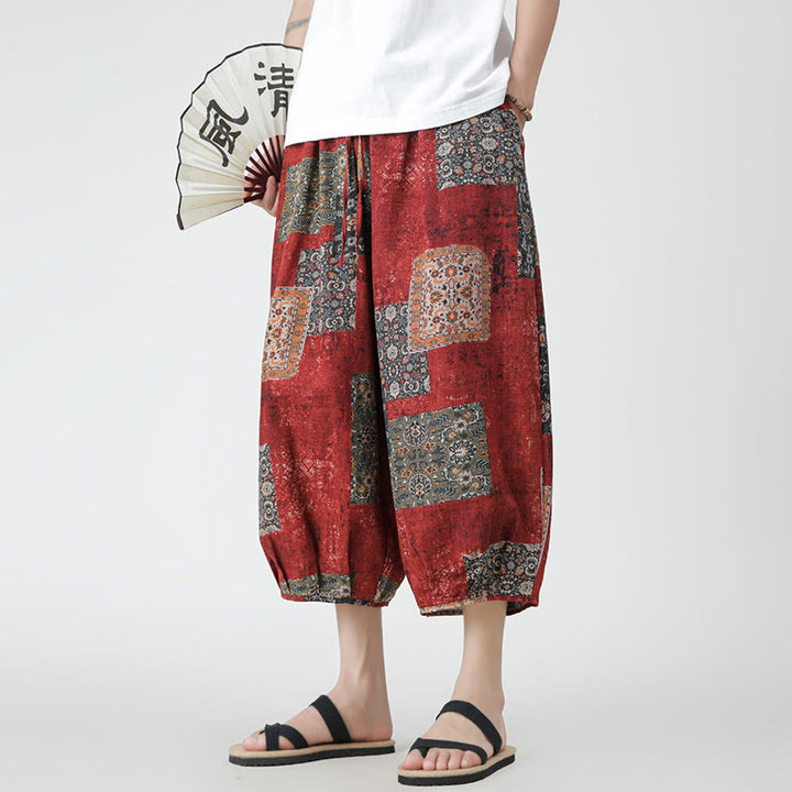 Buddha Stones Summer Square Patchwork Elephant Mandala Geometry Cotton Linen Men's 7-8 Length Pants With Pockets - image 8