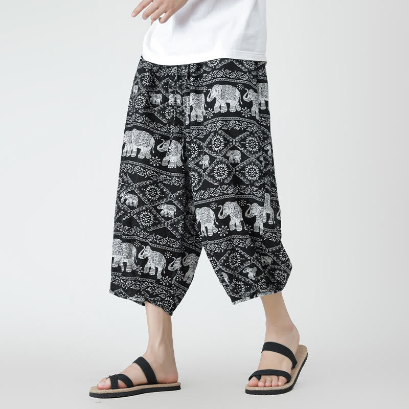 Buddha Stones Summer Square Patchwork Elephant Mandala Geometry Cotton Linen Men's 7-8 Length Pants With Pockets - Black - US/UK/AU46，EU56 (5XL) - image 42