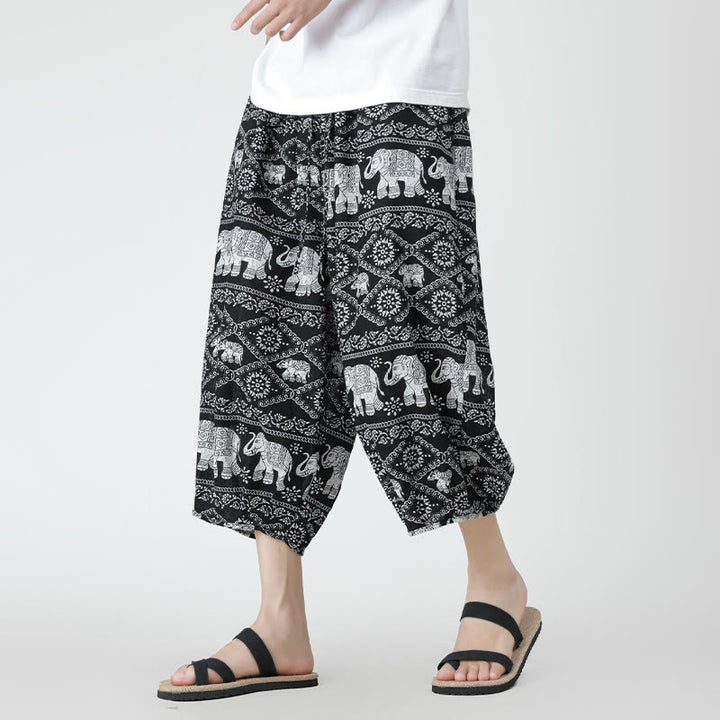 Buddha Stones Summer Square Patchwork Elephant Mandala Geometry Cotton Linen Men's 7-8 Length Pants With Pockets - Black - US/UK/AU46，EU56 (5XL) - image 42